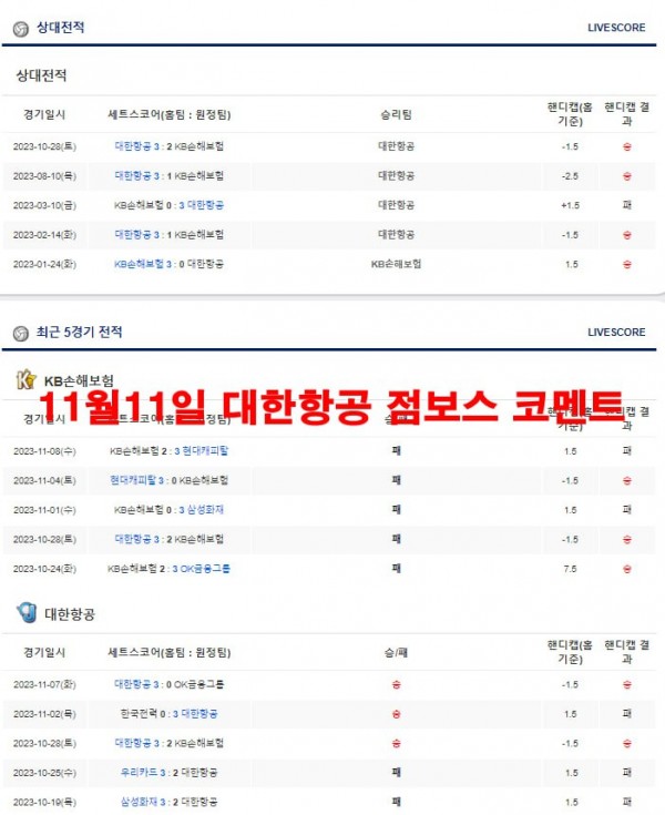 11월11일 대한항공 점보스 코멘트