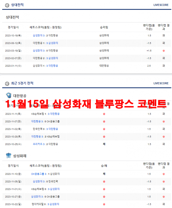 11월15일 삼성화재 블루팡스 코멘트