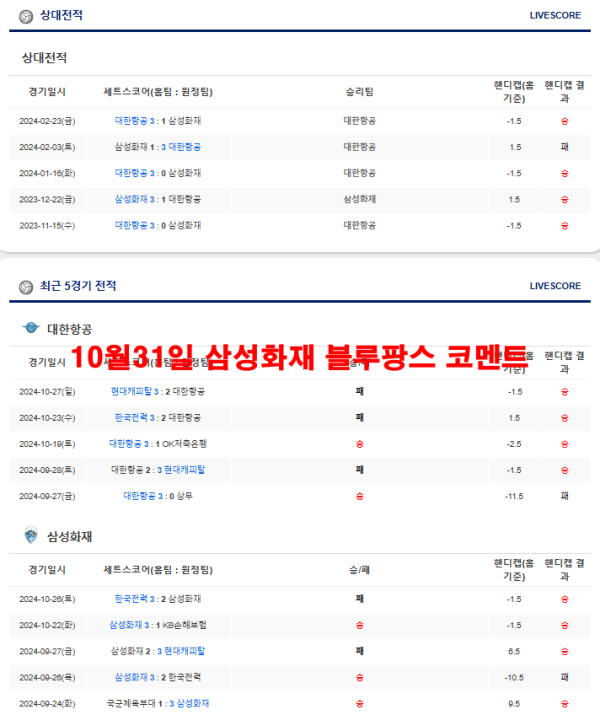 10월31일 삼성화재 블루팡스 코멘트