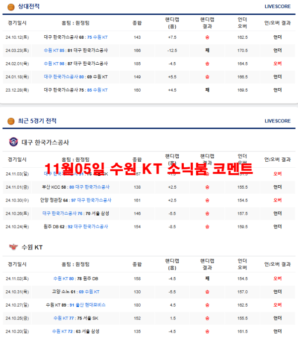 11월05일 수원 KT 소닉붐 코멘트